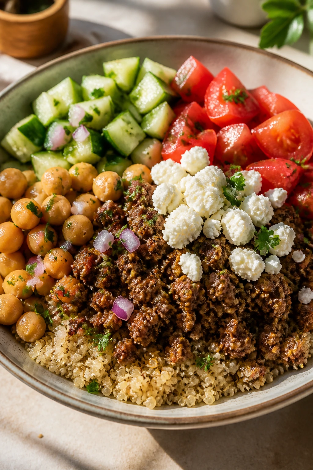 Medium close-up of Greek beef and chickpea bowls with toppings