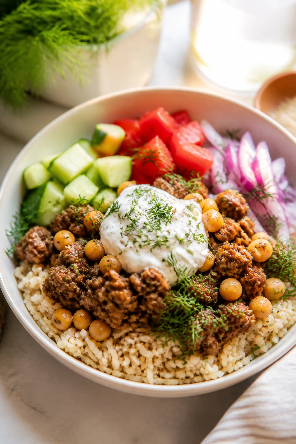 Close-up of Greek Beef and Chickpea Rice Bowl with vegetables and dill