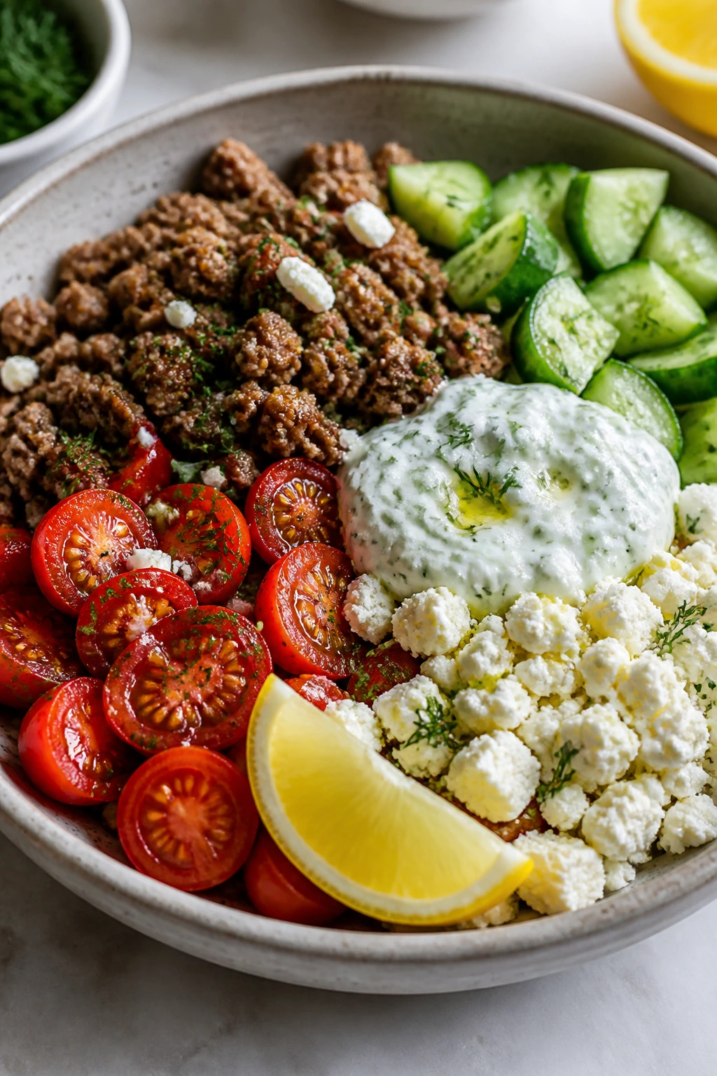 Close-up of Greek beef cucumber bowl with feta