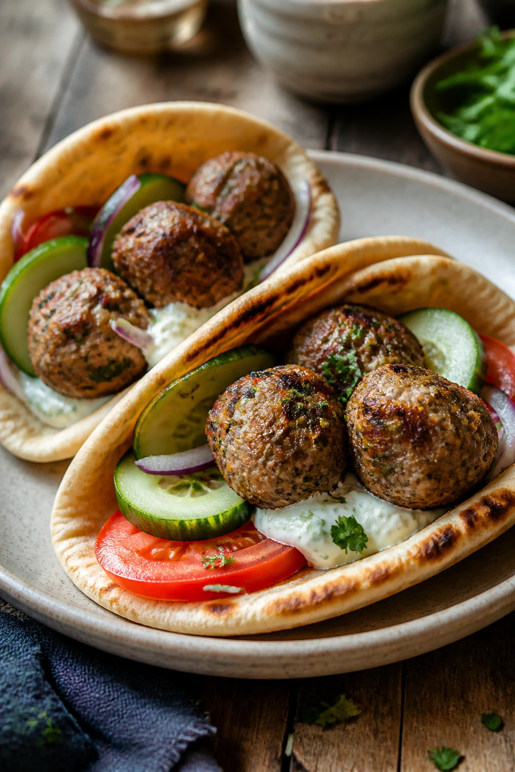 Close-up of Greek beef meatball pita with cucumber and yogurt sauce on a plate