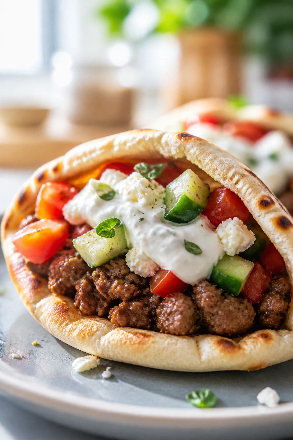 Beef stuffed Greek pita pockets with cucumber tomato feta