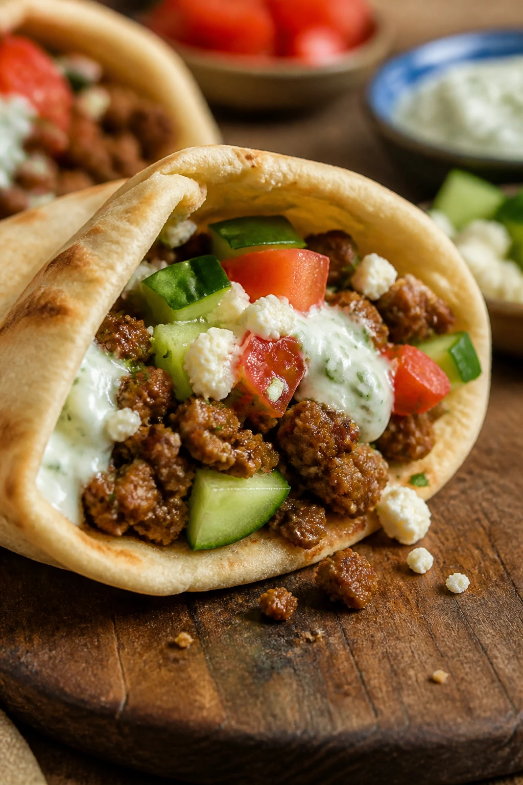 Pita pocket filled with Greek beef, cucumber, tomato, feta and tzatziki