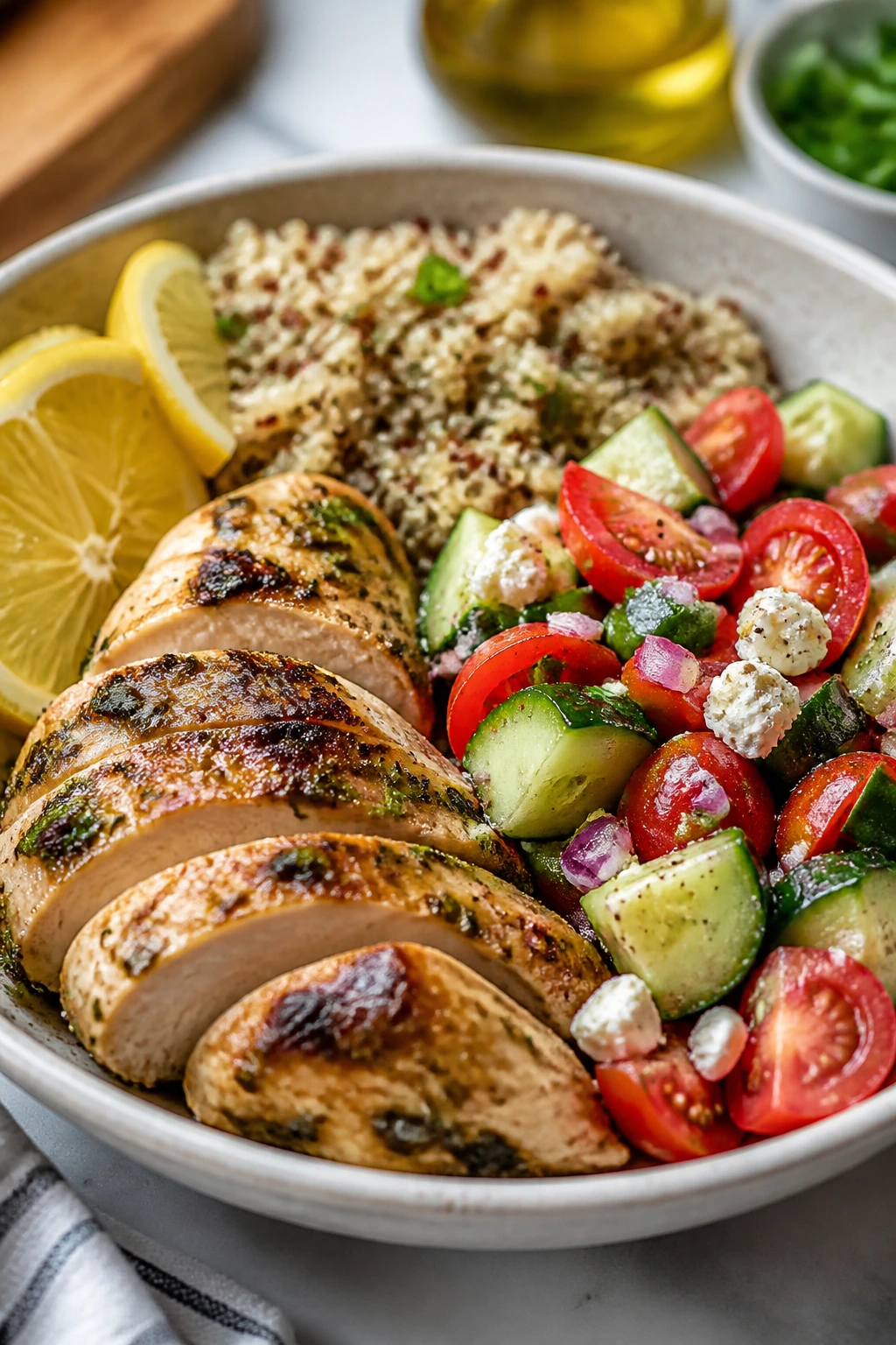 Greek chicken bowl with cucumber tomato salad and feta.