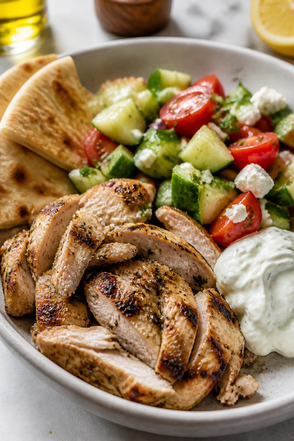 Bright Greek chicken pita bowls with cucumber and feta in a bowl