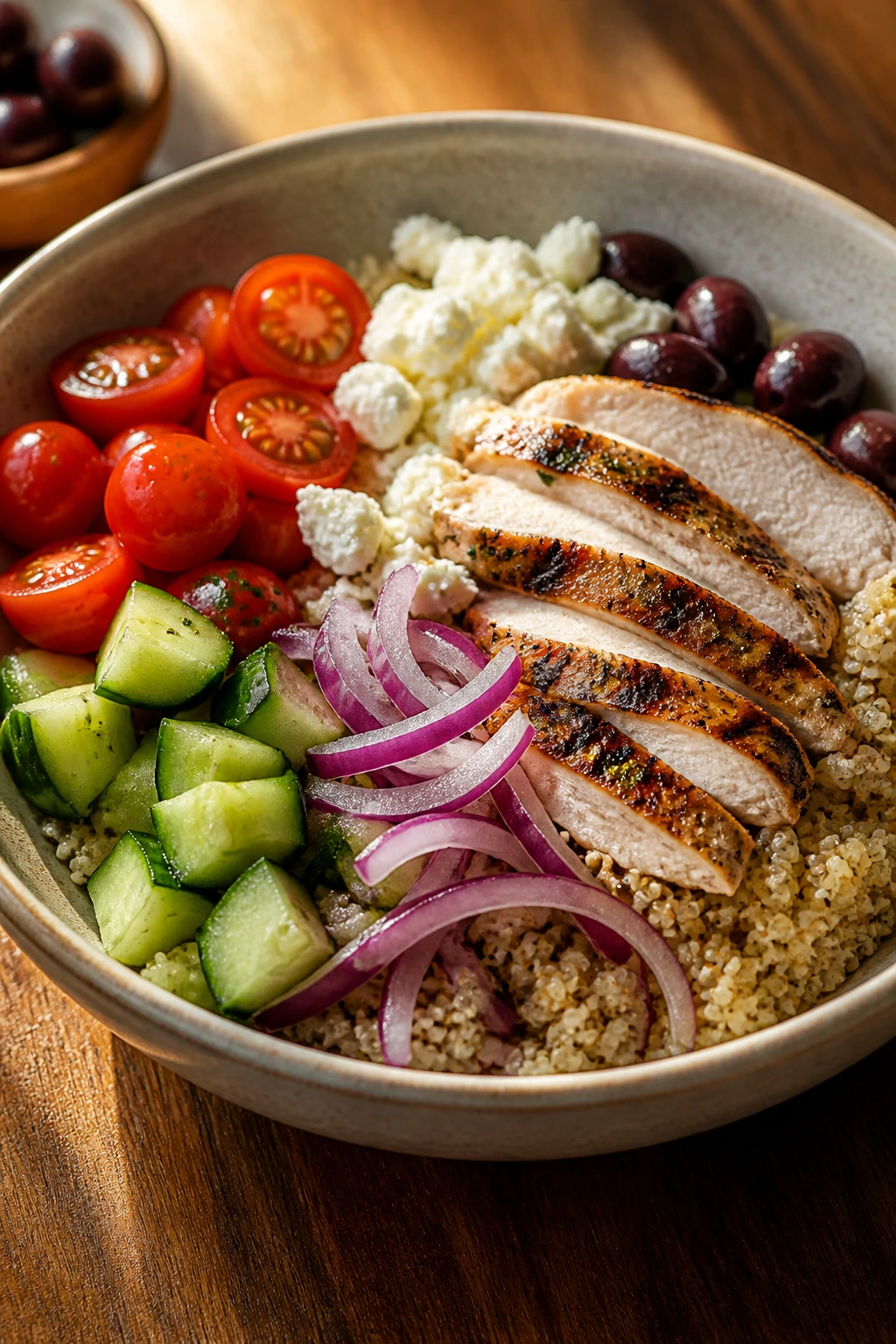 Greek chicken grain bowl with quinoa and veggies