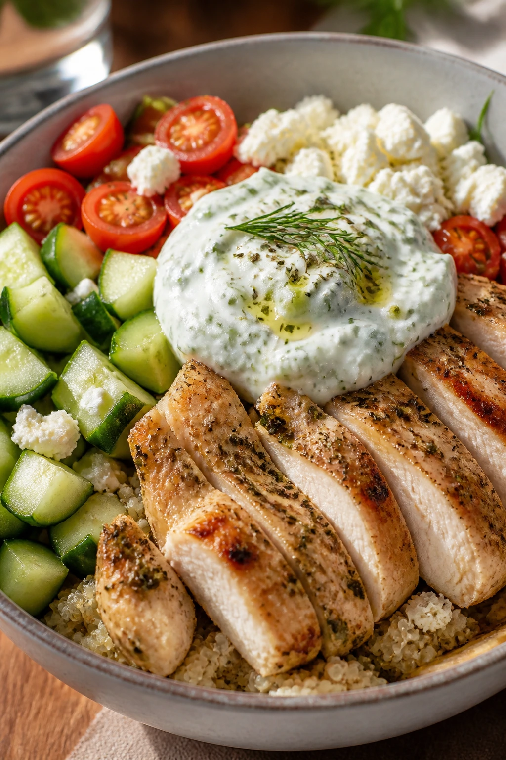 Greek chicken bowl with quinoa, cucumber, tomatoes and tzatziki