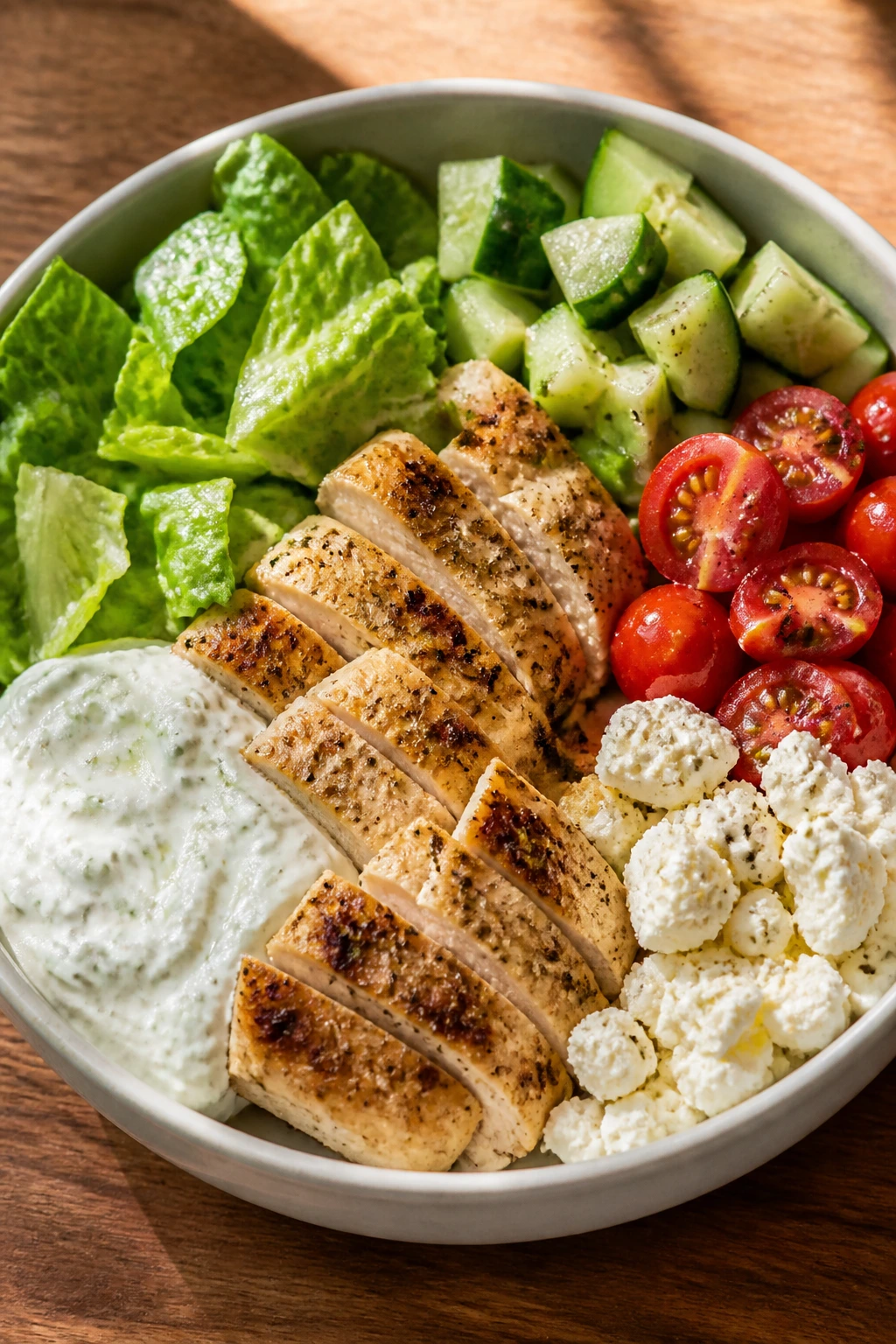 Close-up of Greek chicken bowls without rice showing chicken, cucumber, tomatoes, feta, and tzatziki.
