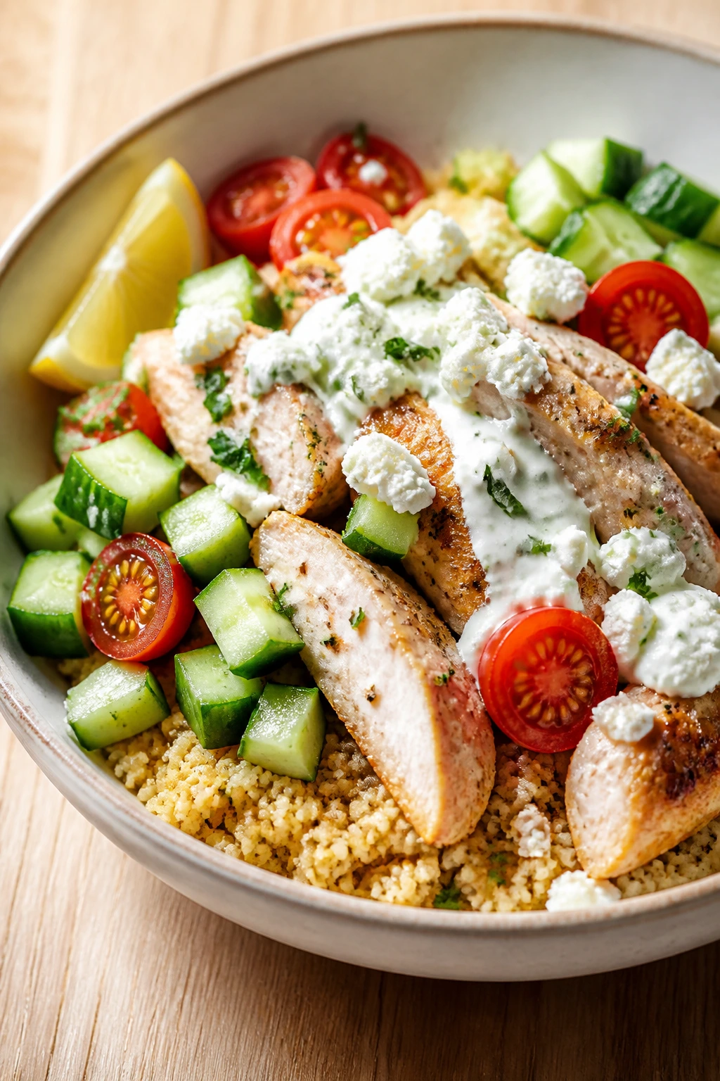 Greek chicken couscous bowl with cucumber, tomatoes, feta
