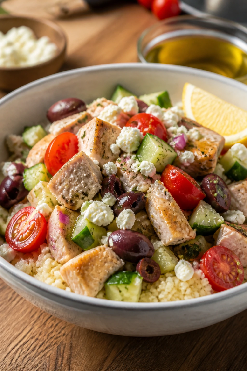 Close-up of a Greek chicken couscous bowl with cucumber, tomatoes, olives, and feta