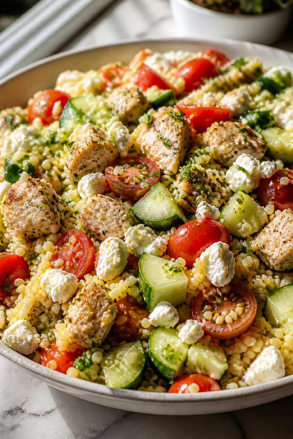 Close-up of Greek Chicken Couscous Salad with cucumber and feta in a bowl