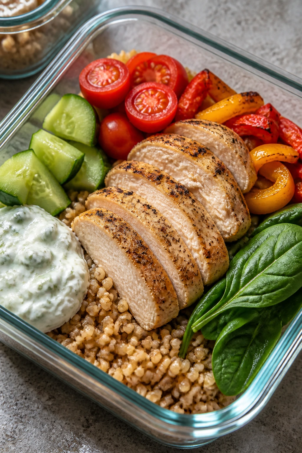 Close-up of Greek chicken farro meal prep box with cucumber and tomatoes