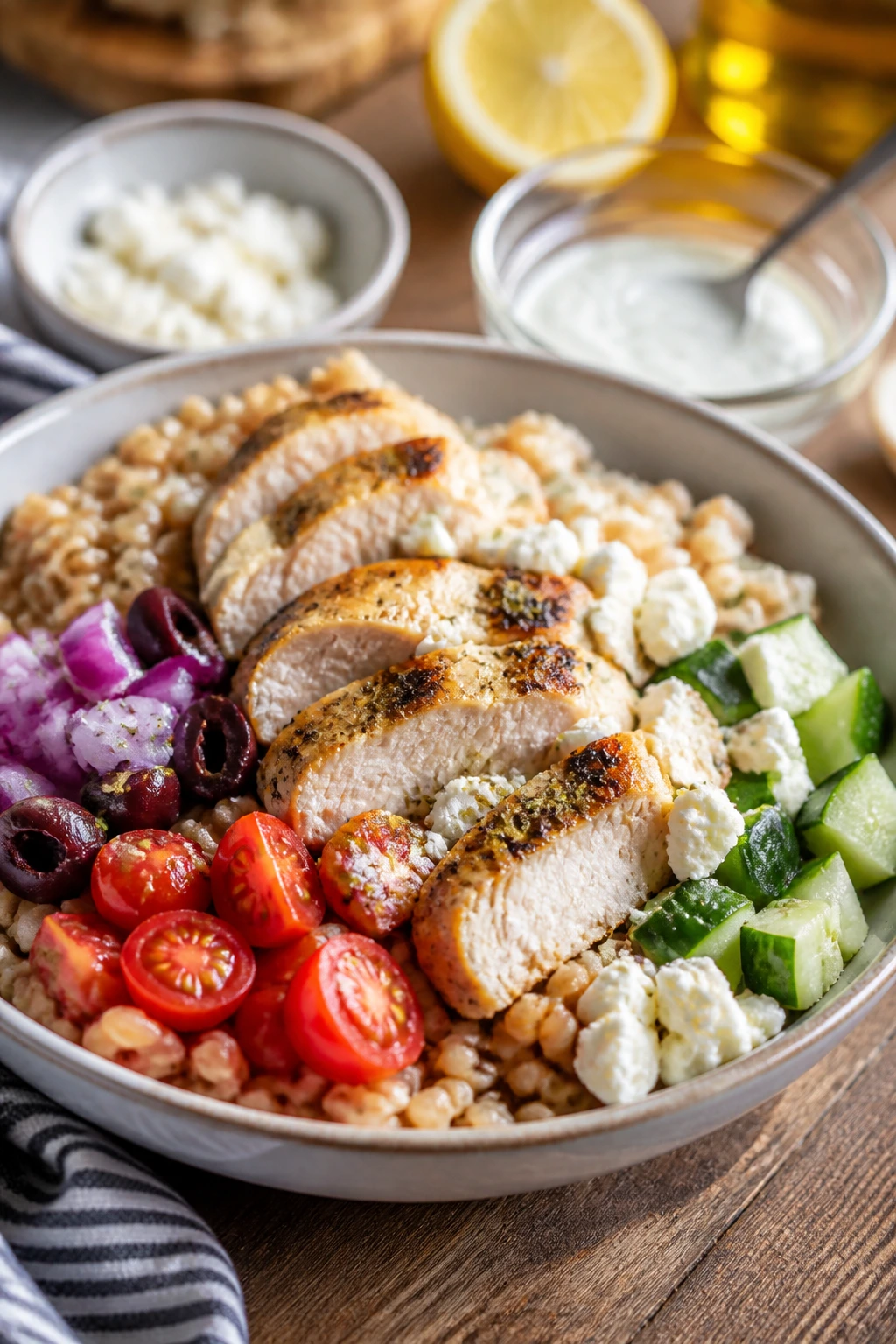 Close-up of a Greek chicken grain bowl with lemony chicken, grains, cucumbers, tomatoes, onion, and feta on a wooden table