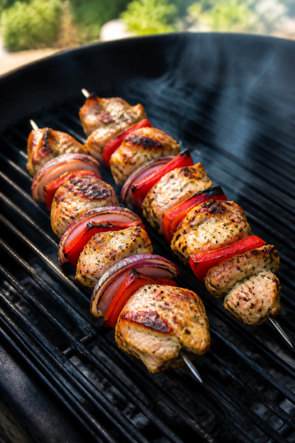 Greek chicken kabobs on skewers with peppers and onion
