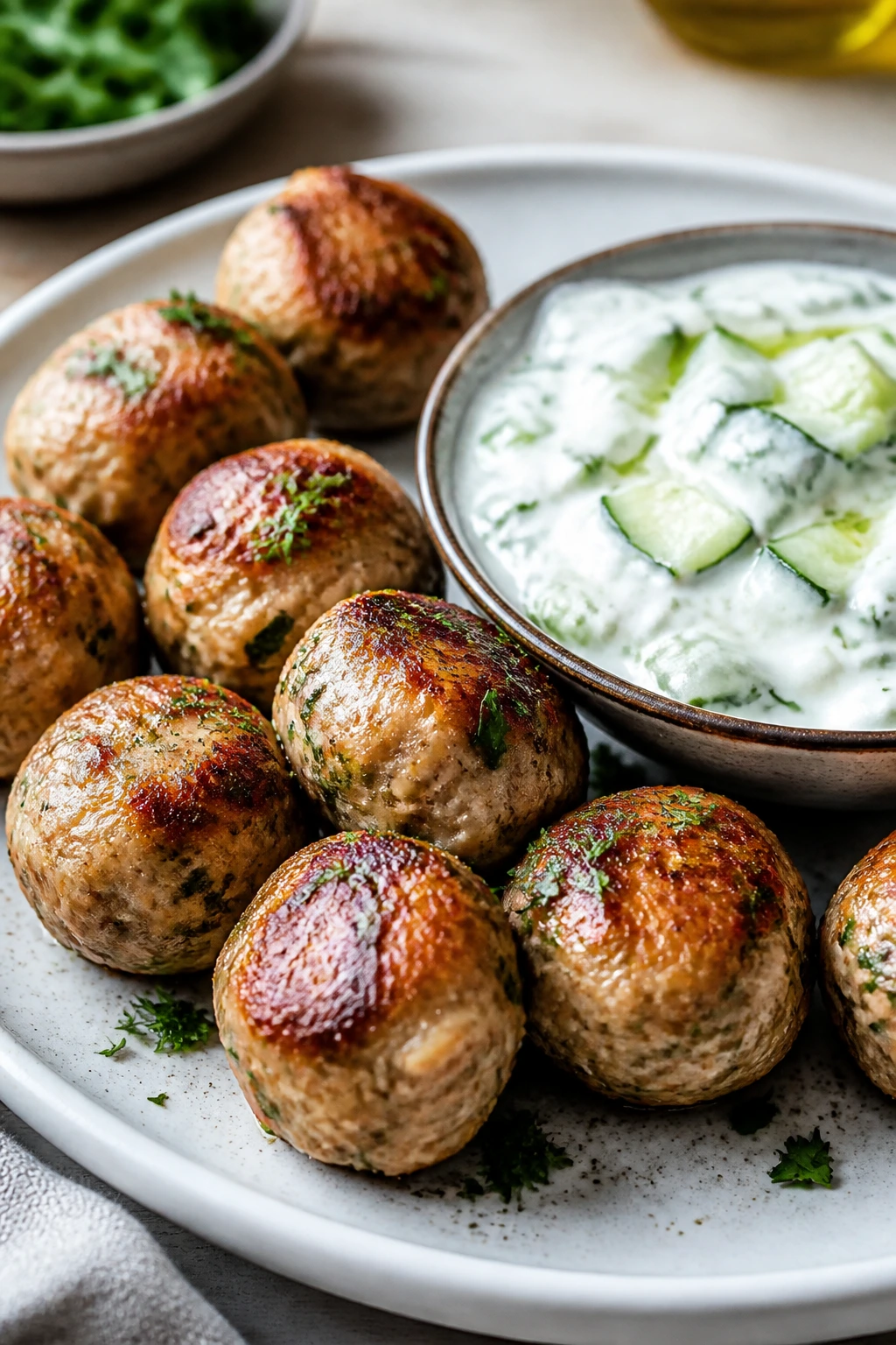 Close-up of Greek chicken meatballs with cucumber yogurt sauce on plate