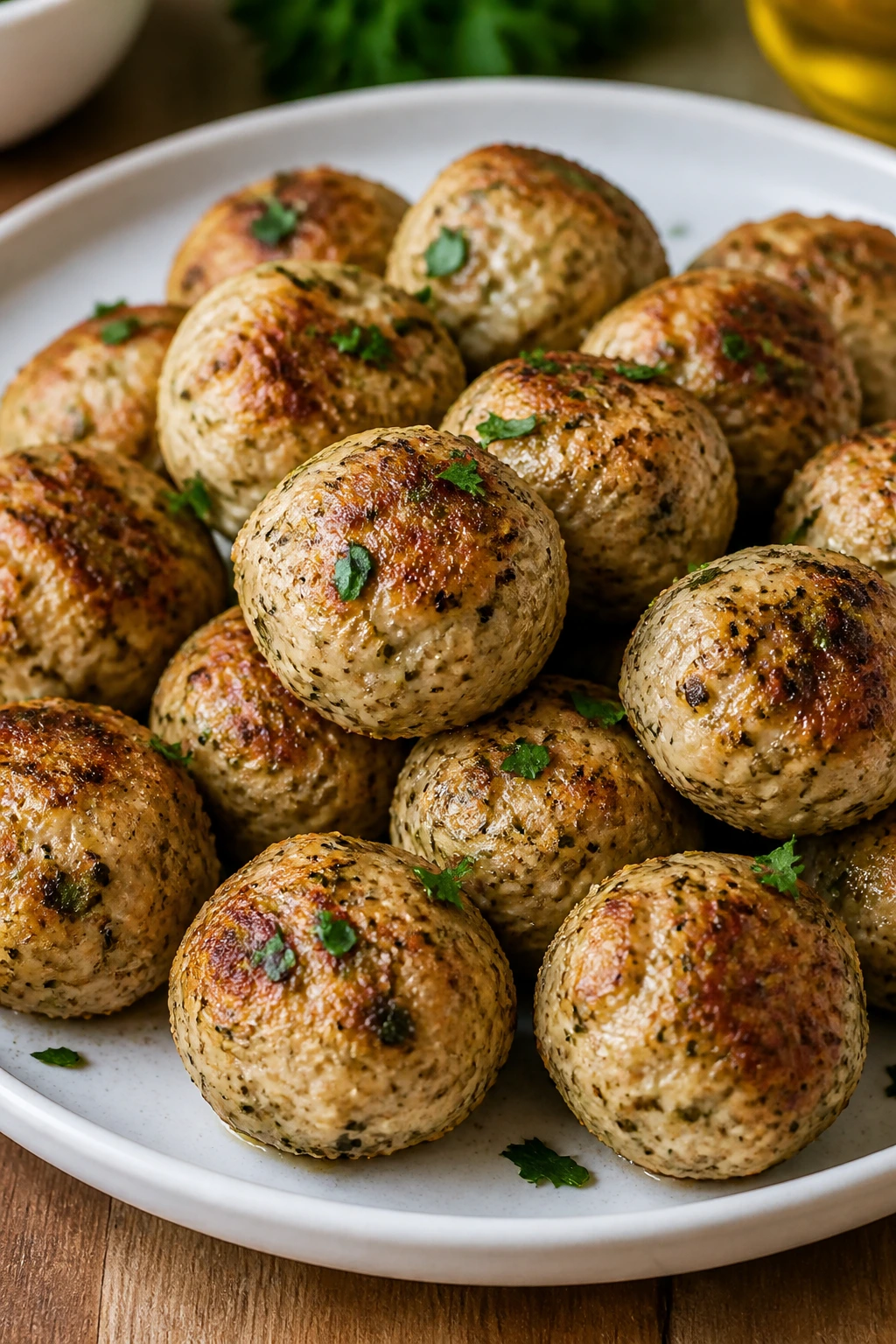Close-up of Greek chicken meatballs garnished with parsley.