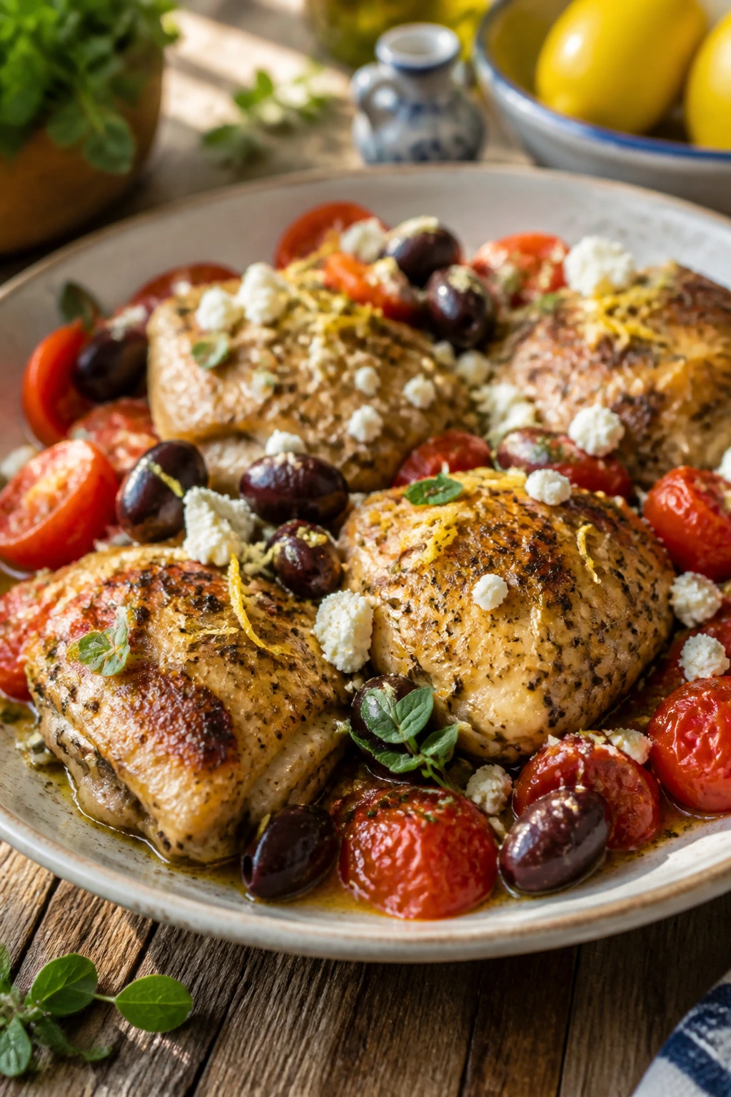 Greek chicken with tomatoes and olives on wooden table