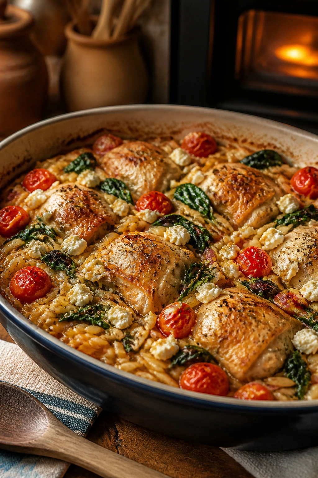 Close-up of Greek chicken orzo bake in a baking dish