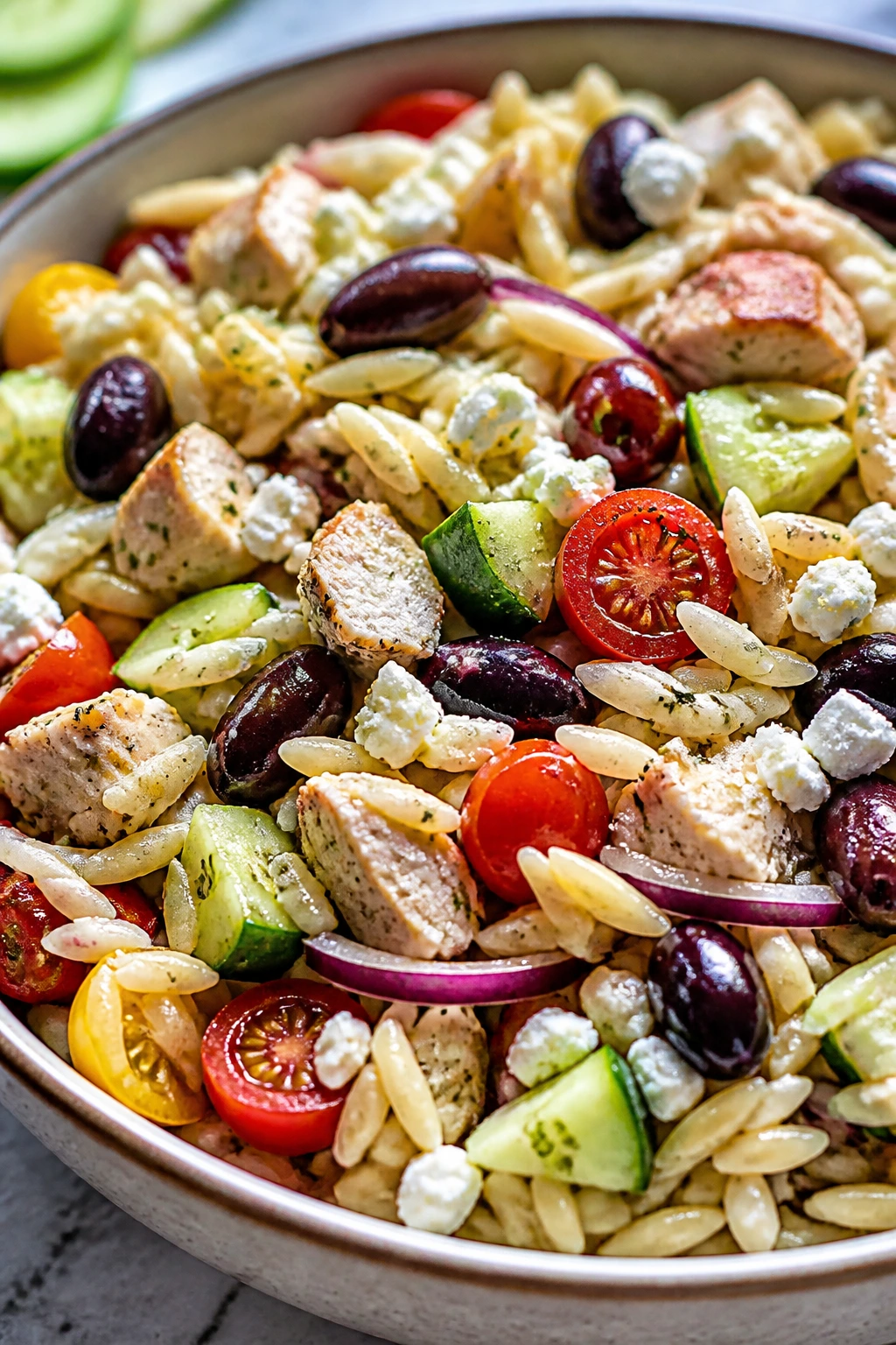 Close-up of Greek chicken orzo salad in a bowl with cucumber and feta