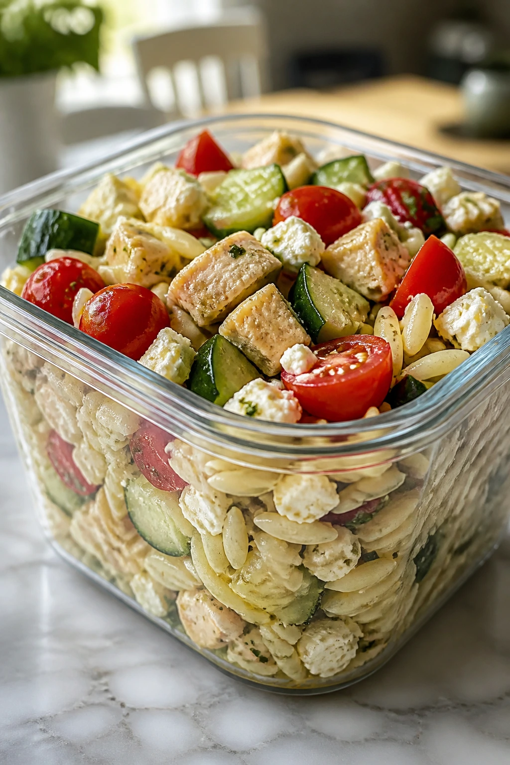 Close-up of Greek chicken orzo salad in a lunch container