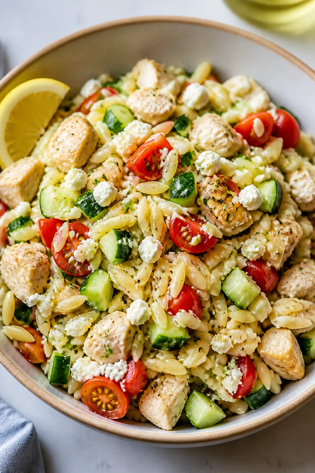 Close-up of Greek chicken orzo salad with cucumber, tomatoes, feta in a glass bowl.