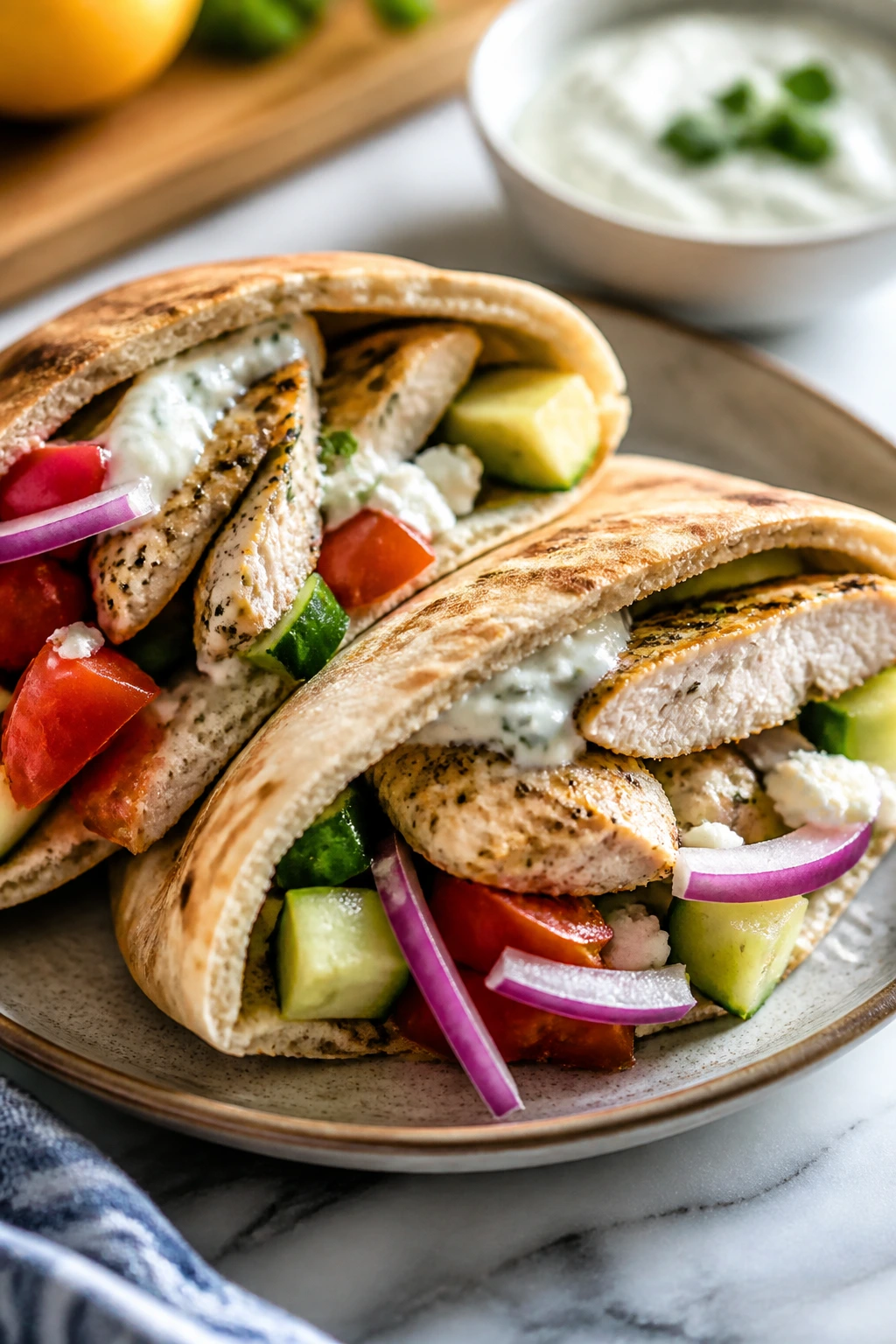 Greek chicken pita pockets with vegetables and yogurt sauce