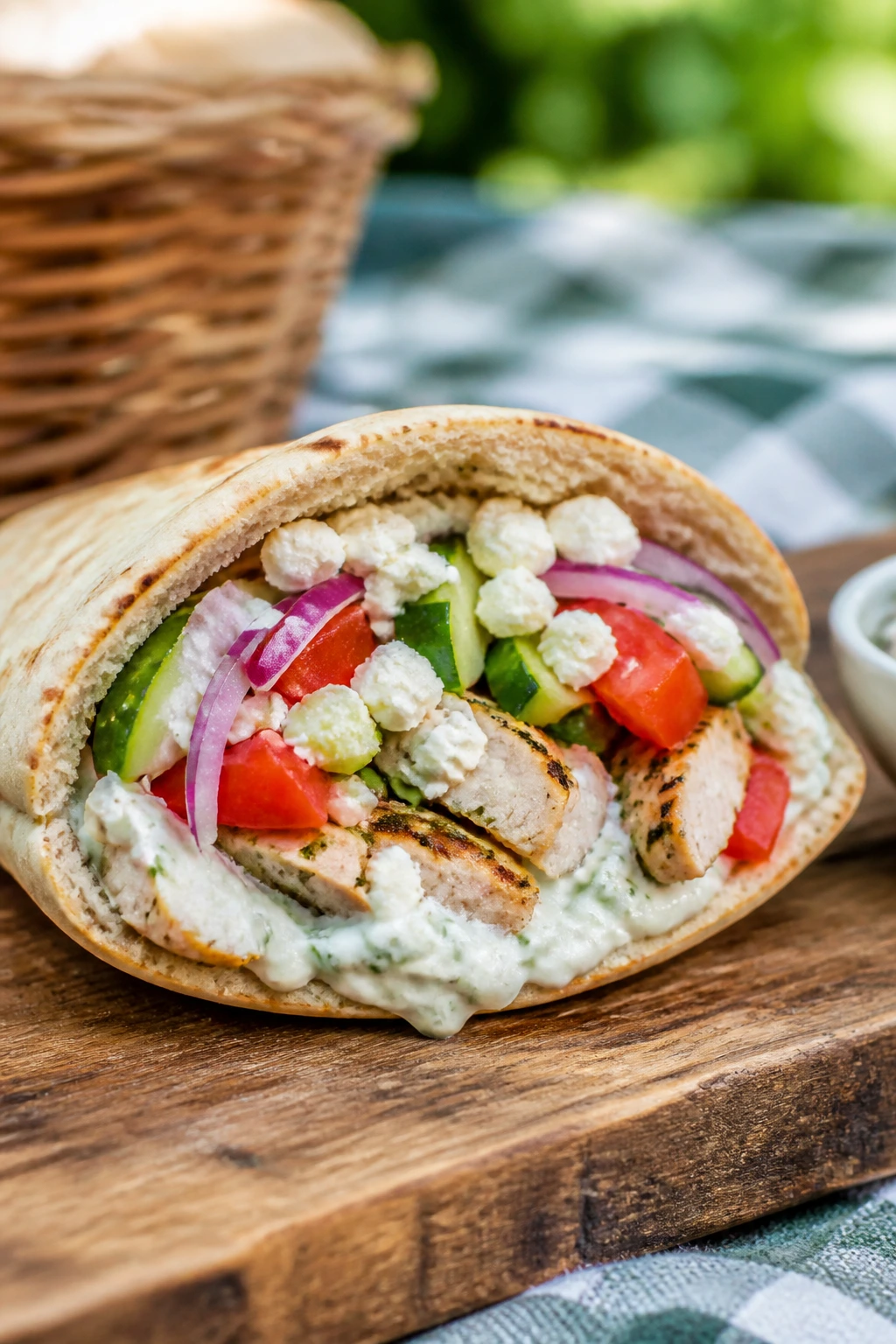 Cross-section of Greek chicken pita with tzatziki and feta