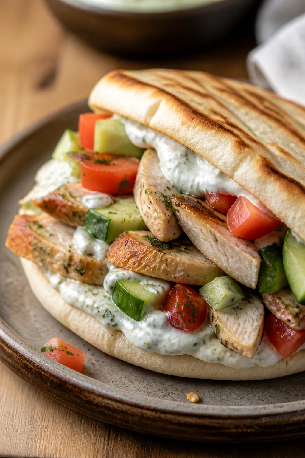 Close-up Greek chicken pita with cucumber tomato relish and yogurt