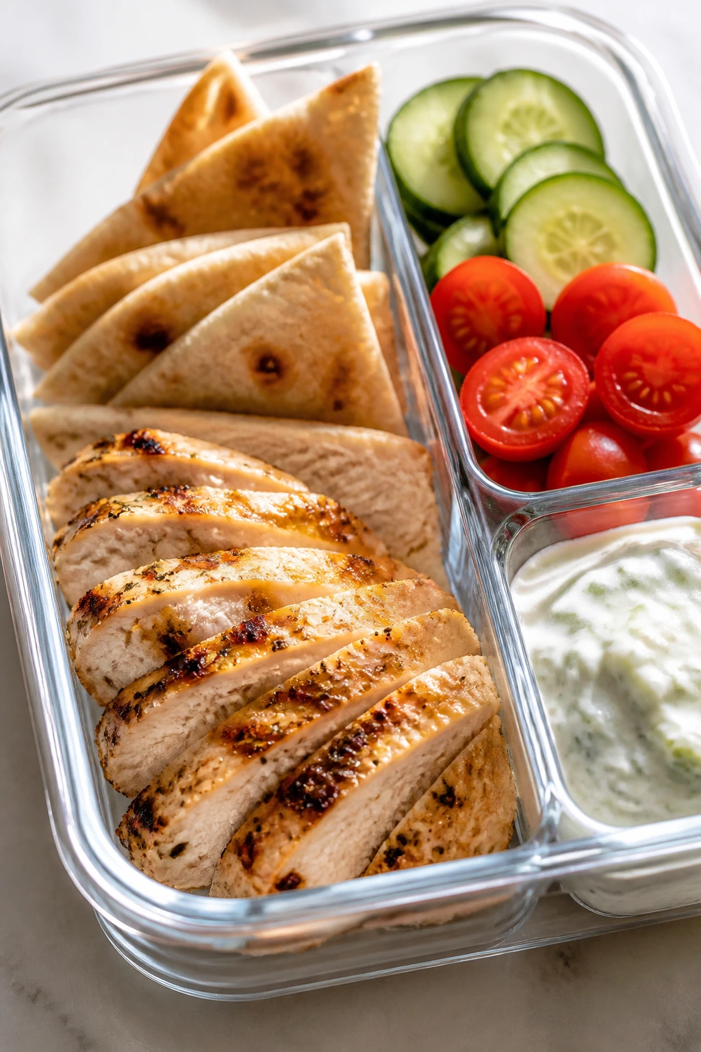 Close-up of Greek Chicken Pita Boxes lunchbox on a light counter