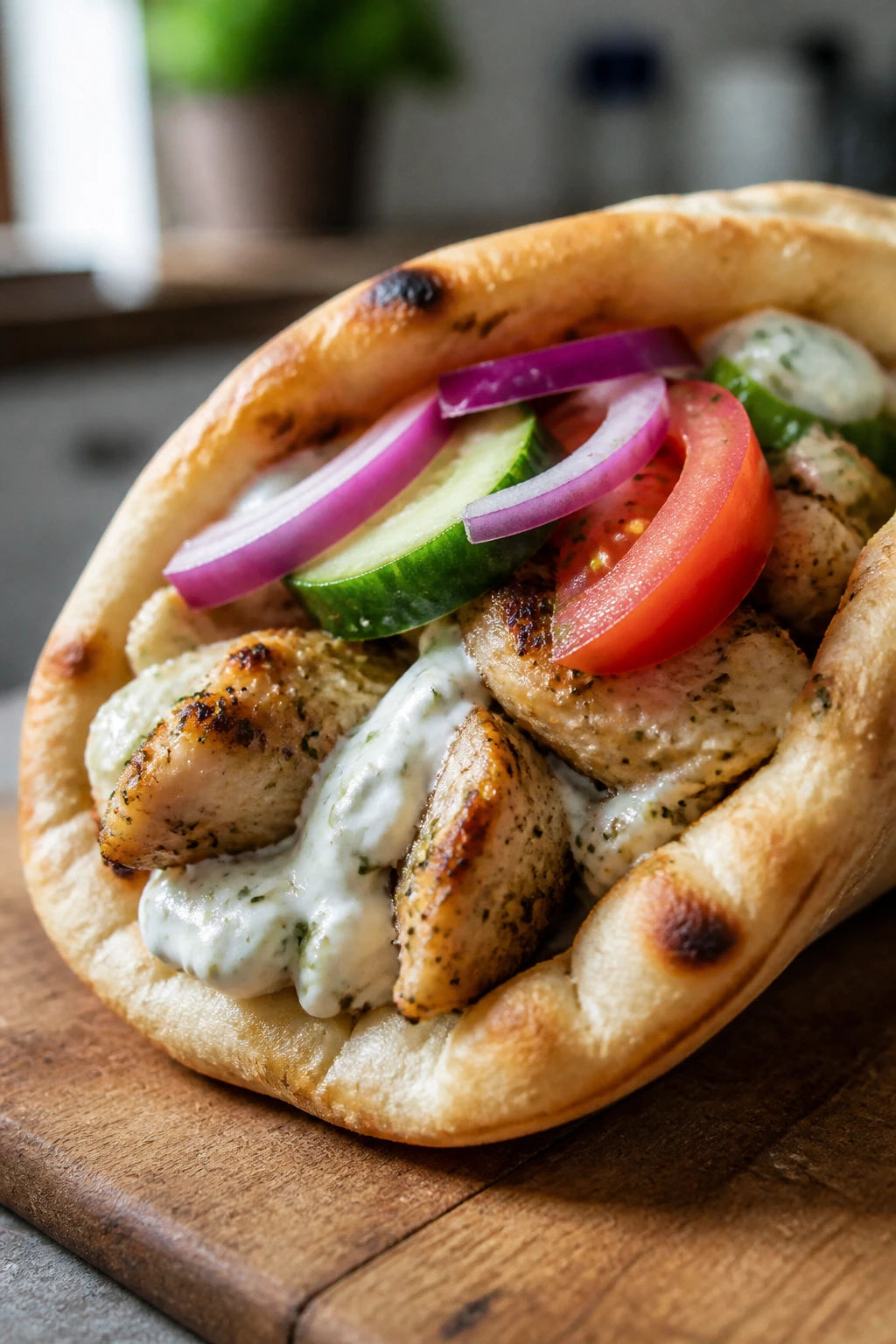 Close-up Greek chicken pita on wooden board in kitchen