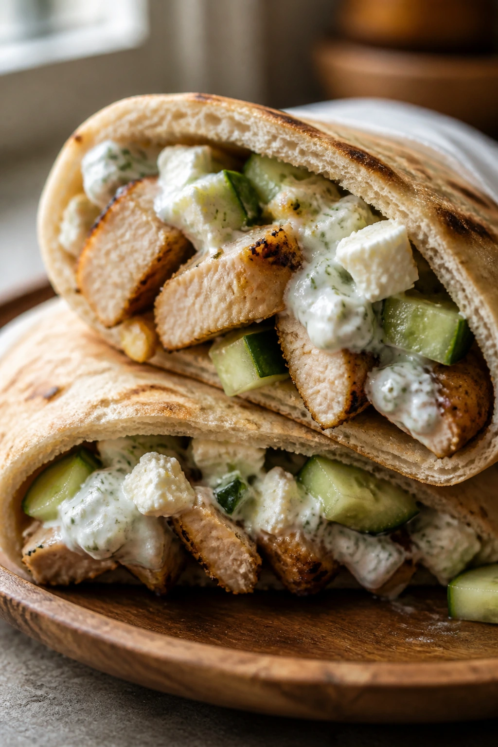 Close-up of Greek Chicken Pita Pocket with tzatziki, cucumber, and feta.
