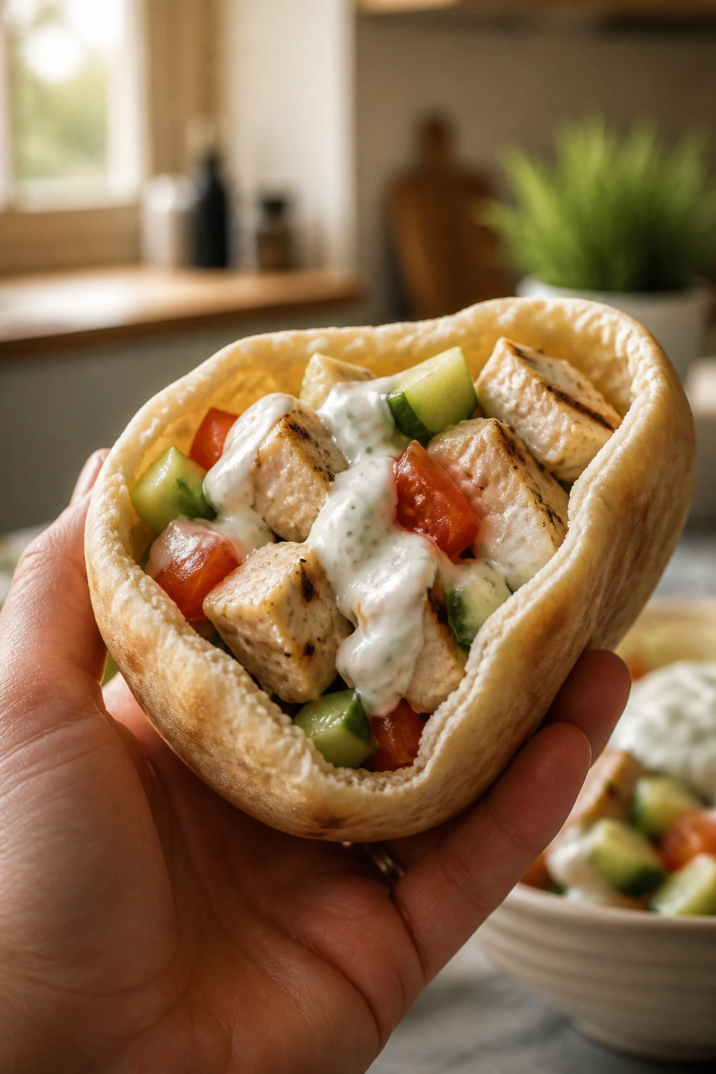 Pita pocket filled with chicken and vegetables