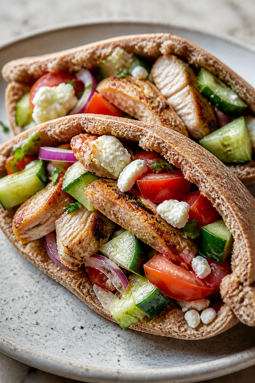 Close-up of Greek chicken pita pockets filled with vegetables and feta