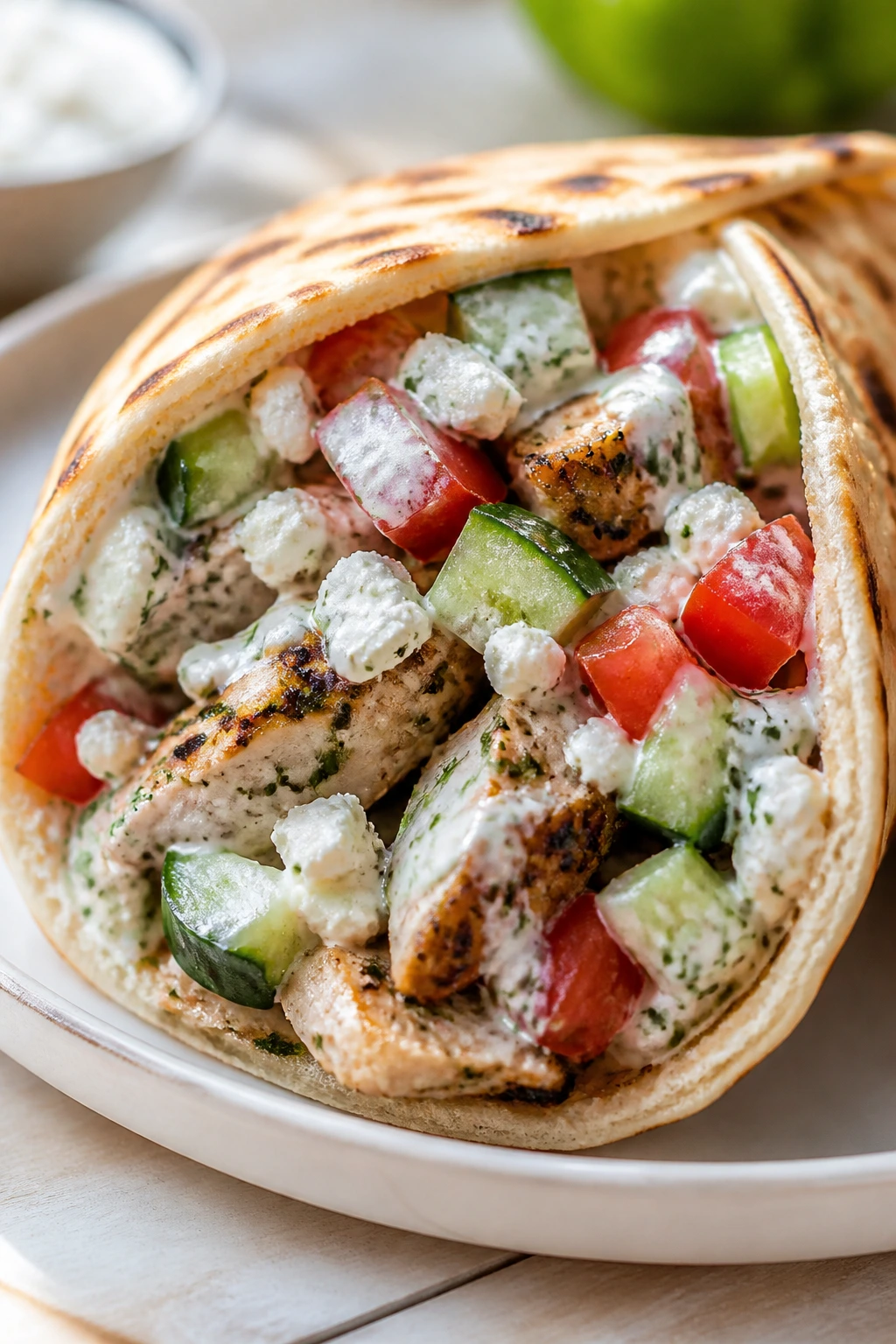 Close-up of Greek chicken pita pocket cut open with filling
