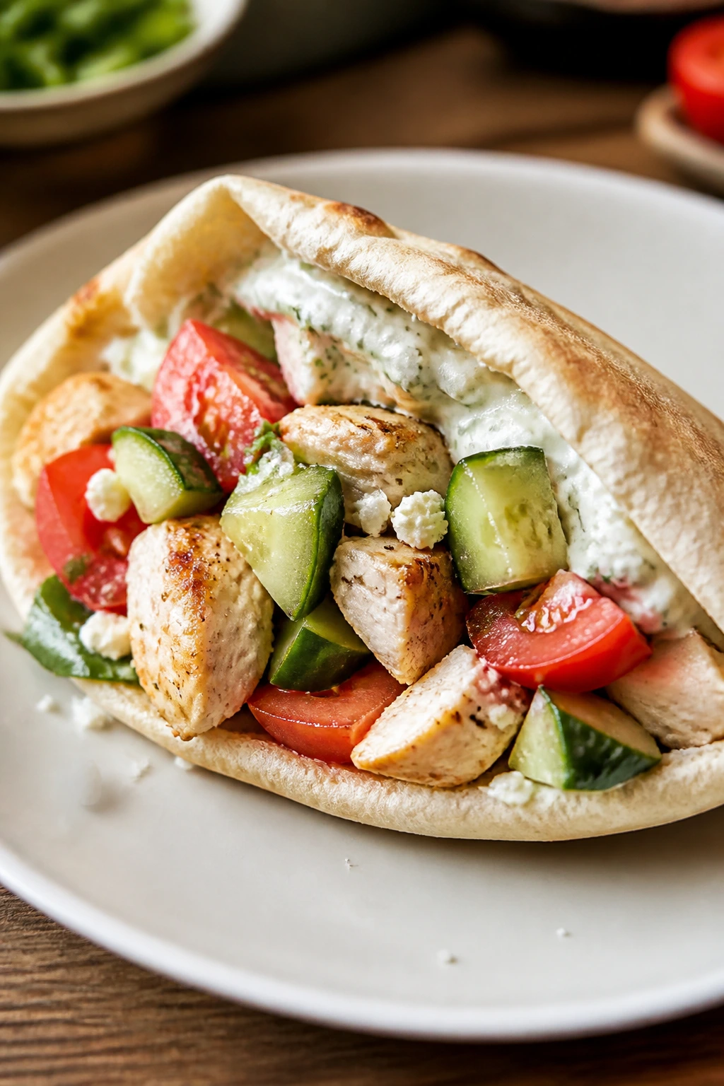 Close-up of stuffed Greek chicken pita pocket on plate
