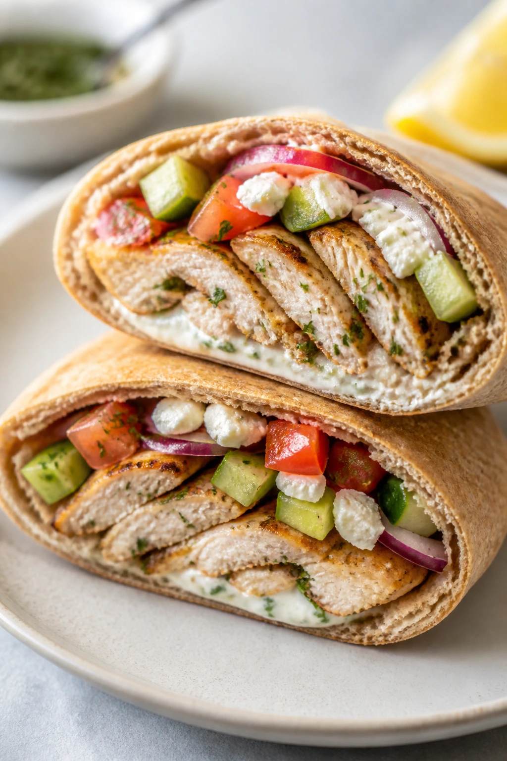 Close-up of Greek chicken pita pockets stuffed with chicken and veggies