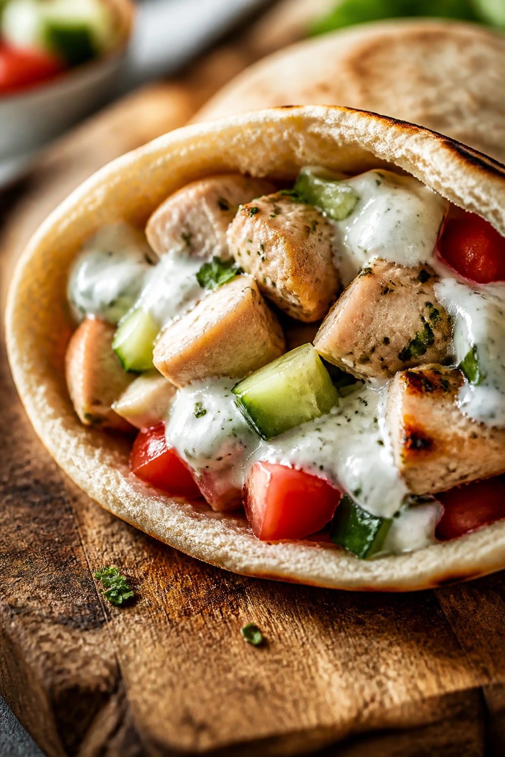 Opened pita pocket with Greek chicken filling