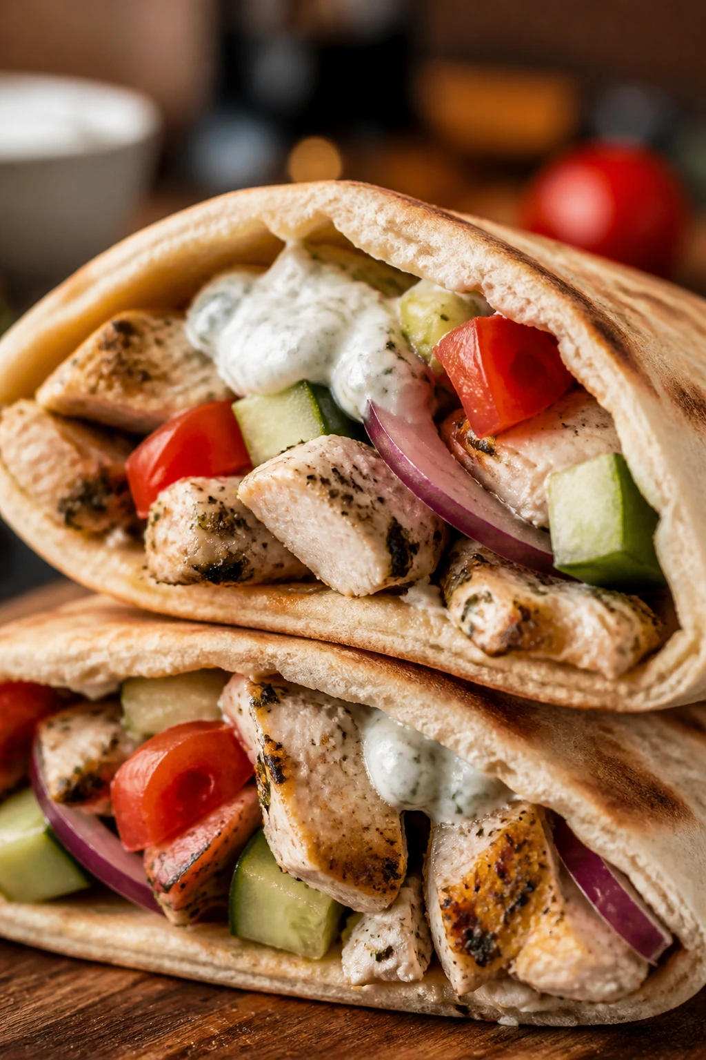 Cross-section of Greek chicken pita pocket showing chicken and fresh veggies