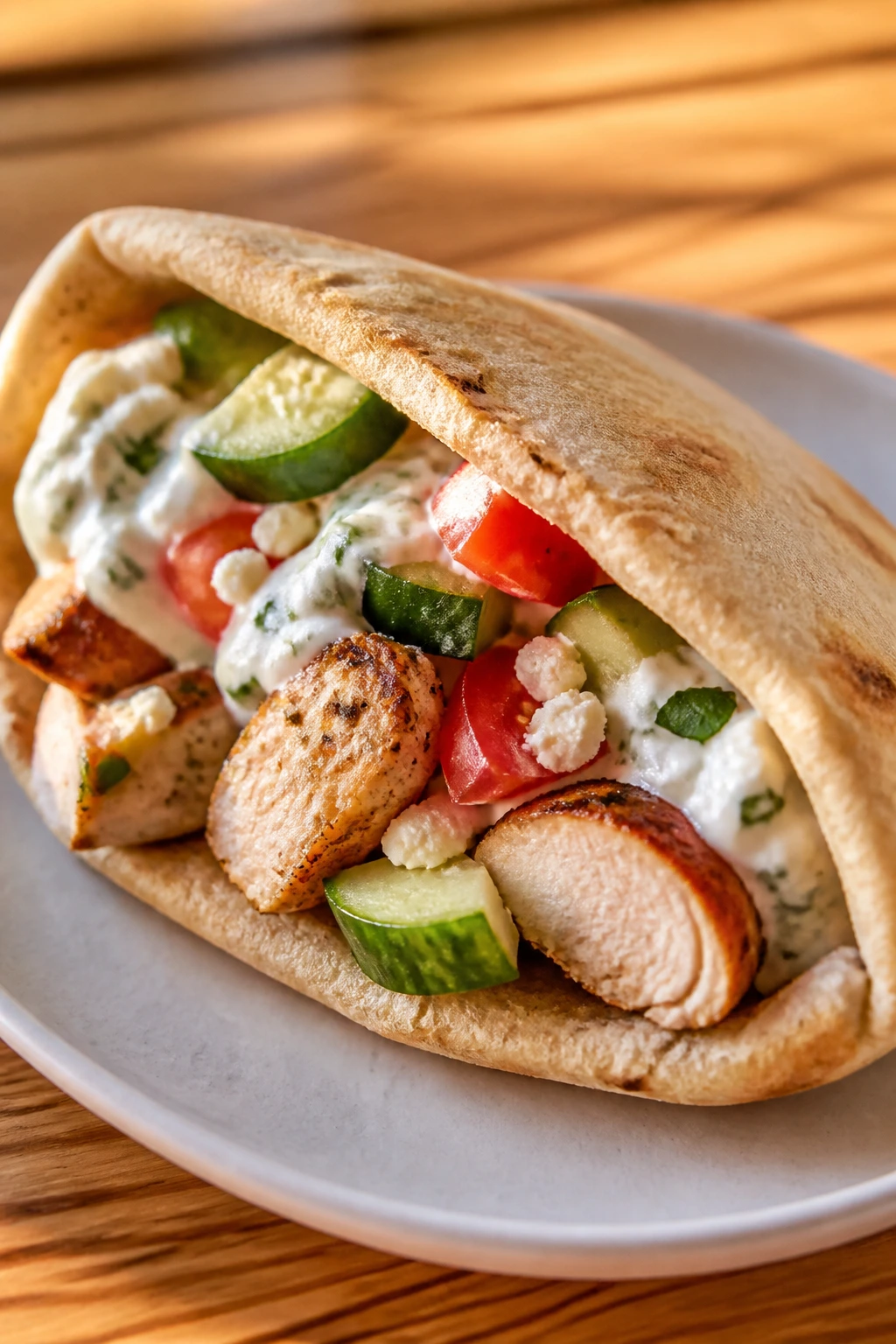 Greek chicken pita pocket filled with cucumber, tomato, feta