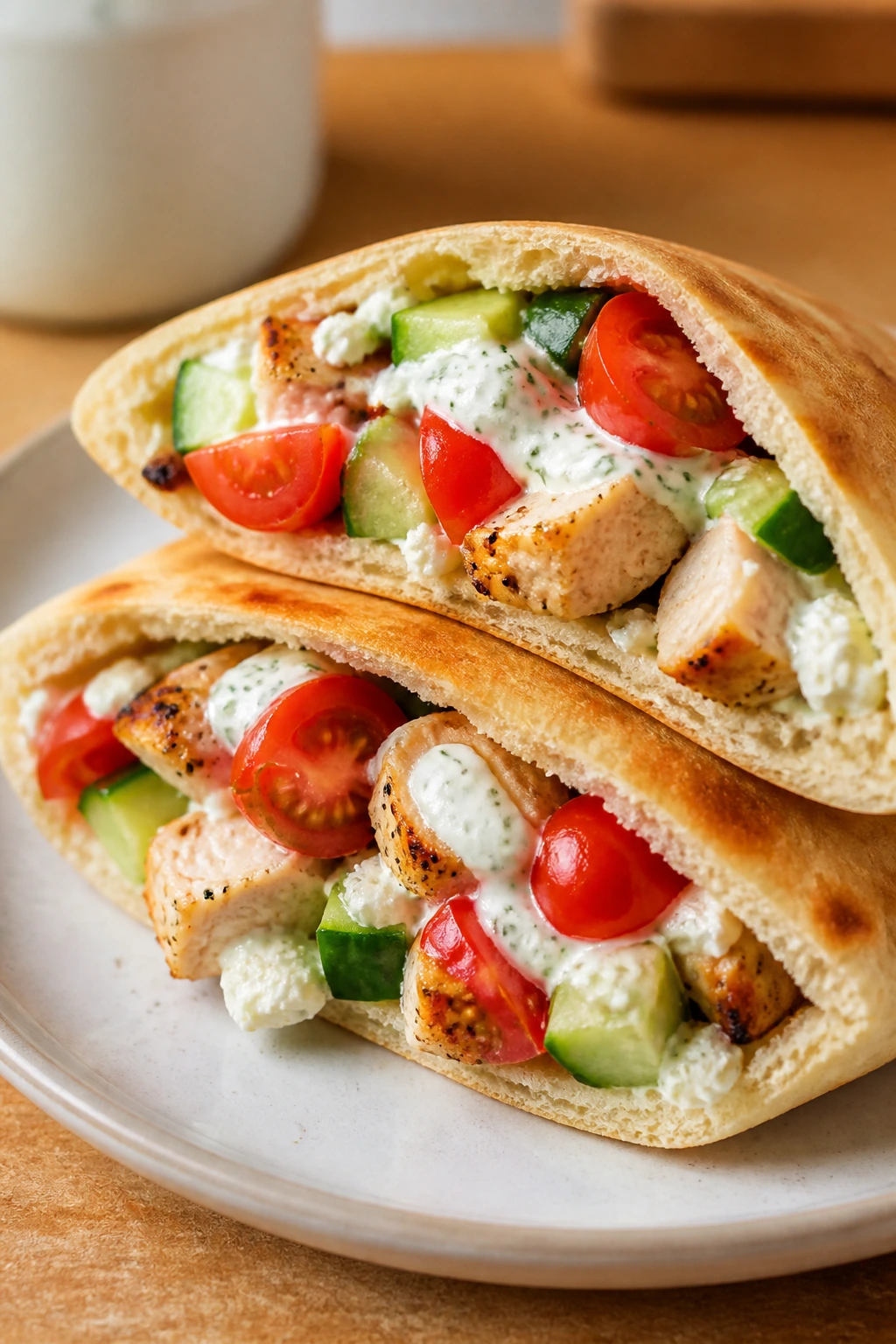 Close-up of a Greek chicken pita pocket filled with vegetables and feta