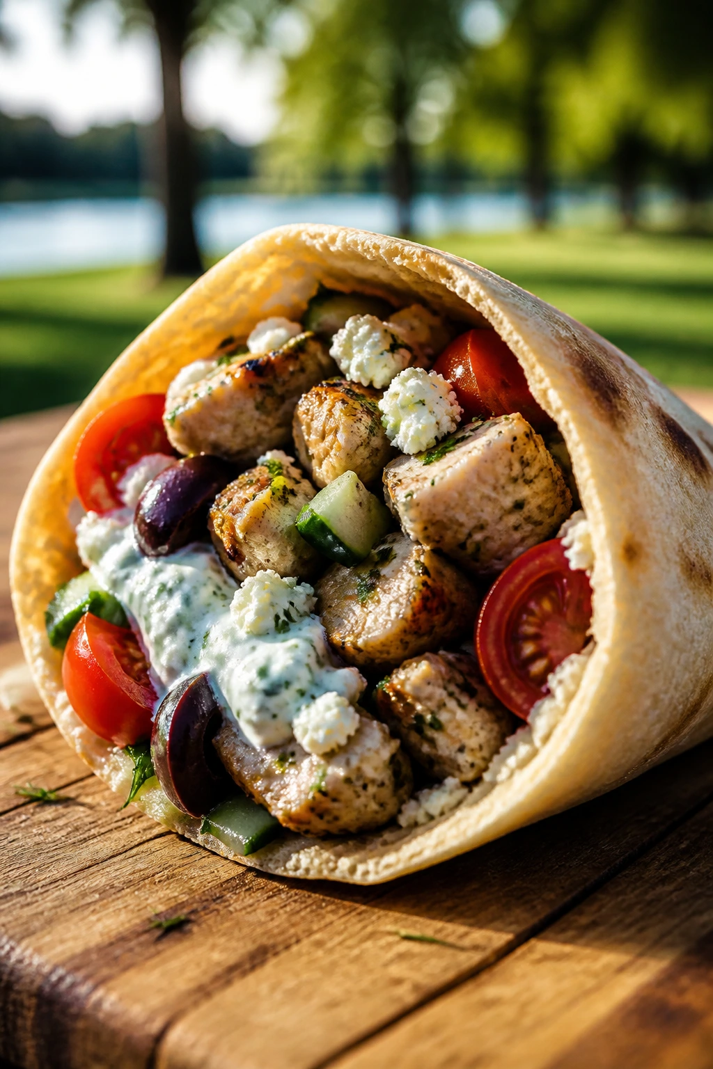Close-up of Greek chicken pita pocket opened to reveal fillings outdoors