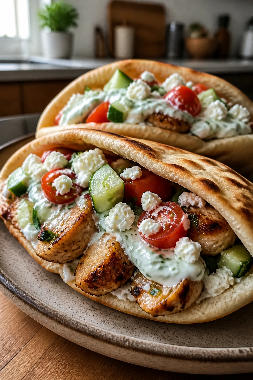 Open greek chicken pita pocket stuffed with tzatziki and feta