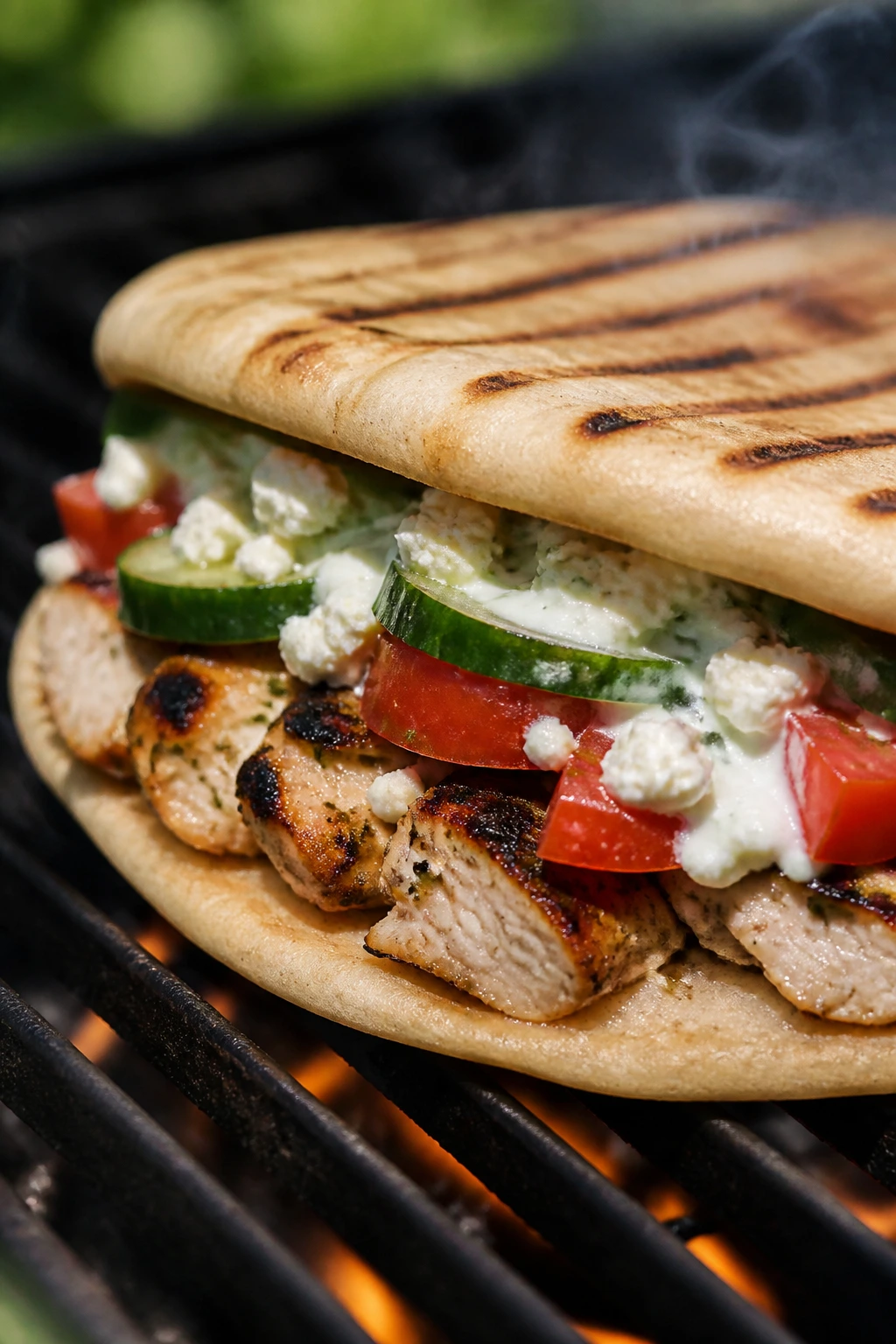 Close-up of Greek Chicken Pita Press with chicken feta tzatziki