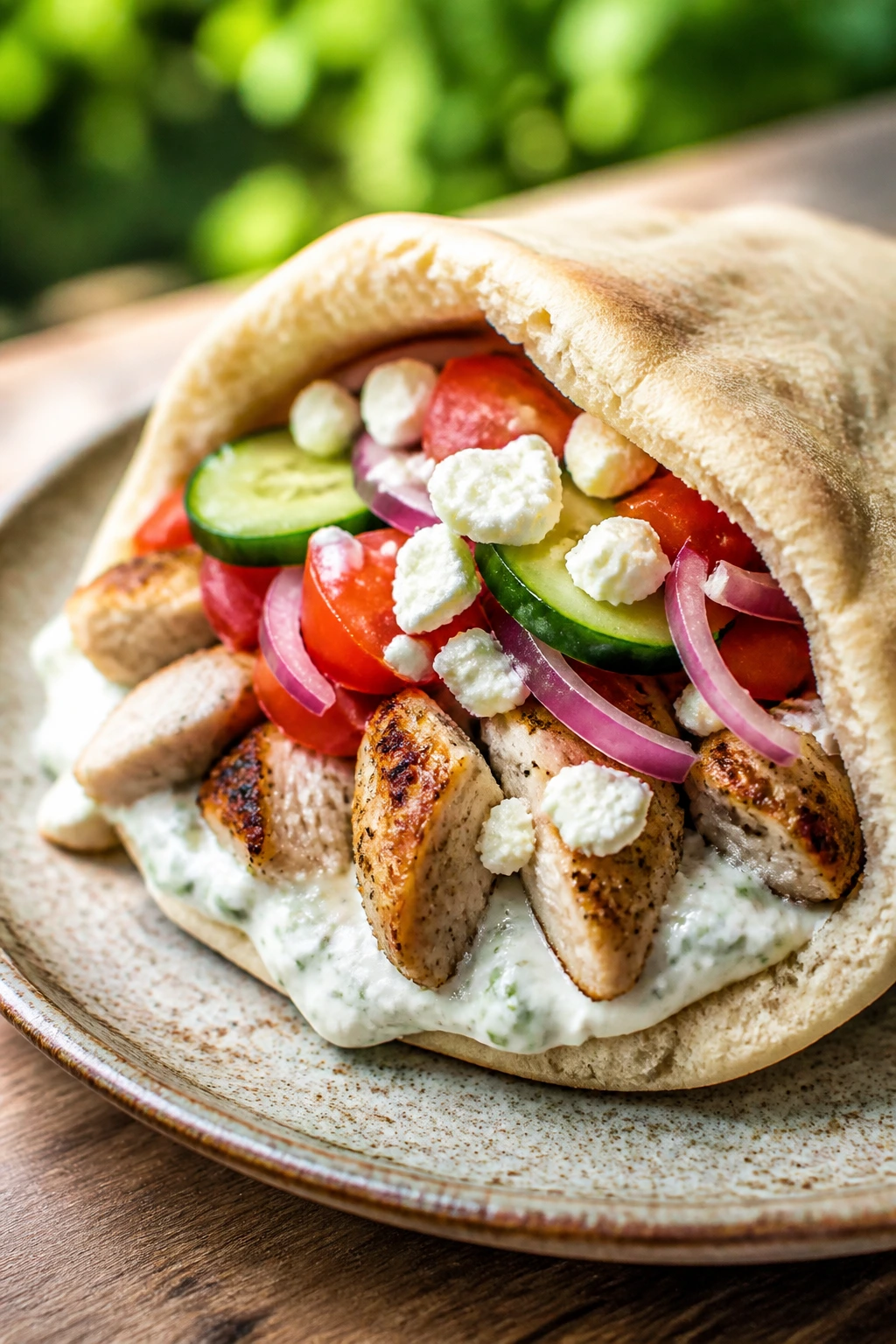 Close-up Greek chicken pita sandwich with tzatziki and feta
