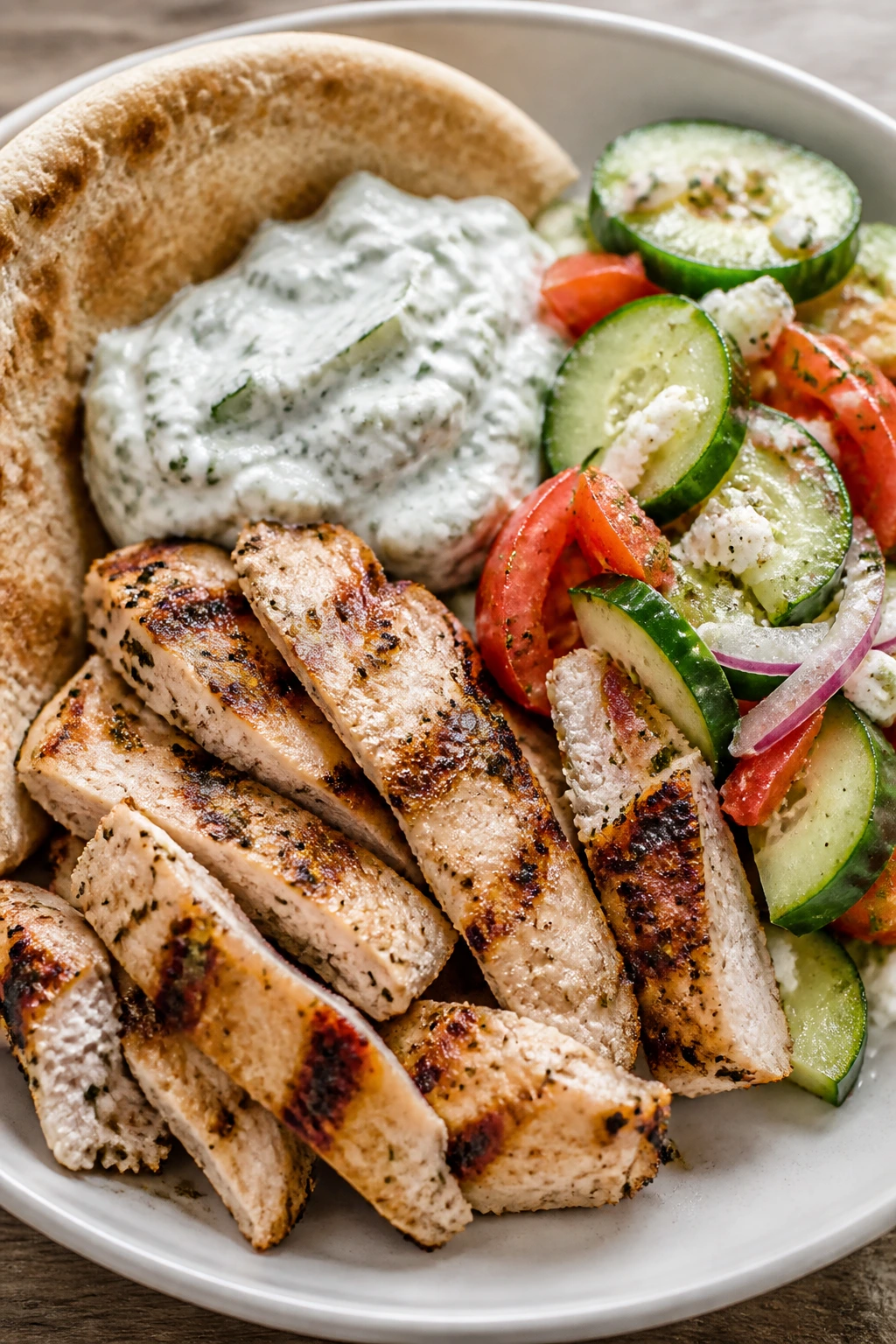Close-up of a Greek chicken pita plate with tzatziki and cucumber salad