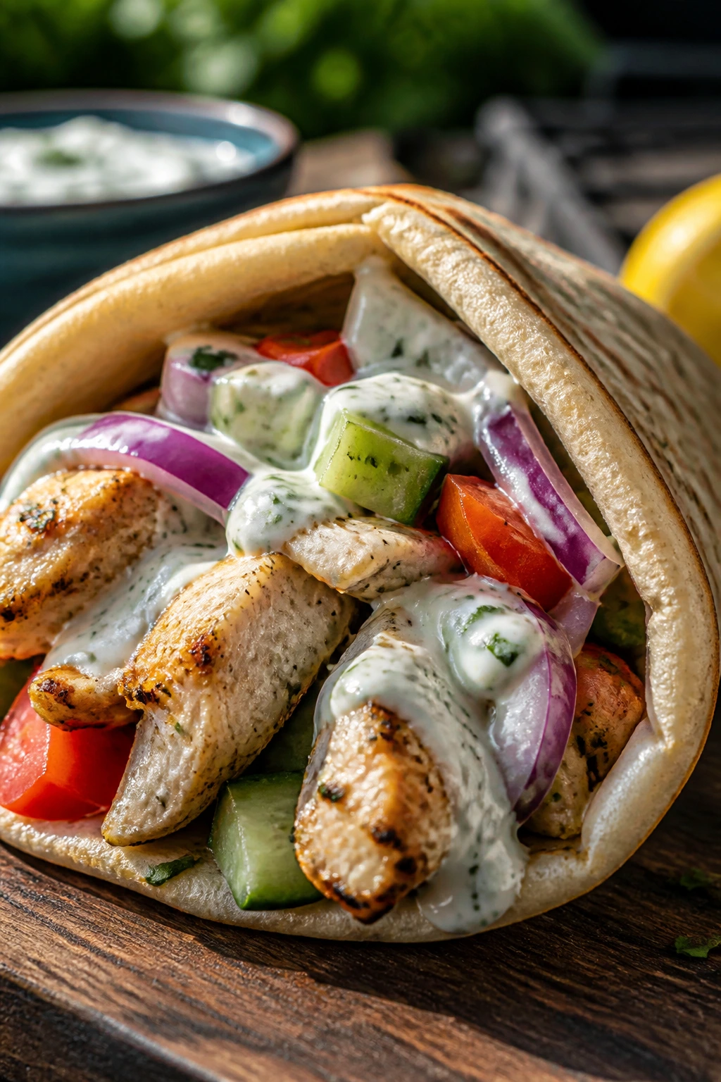 Close-up of Greek chicken pita pocket with cucumber and tzatziki filling.