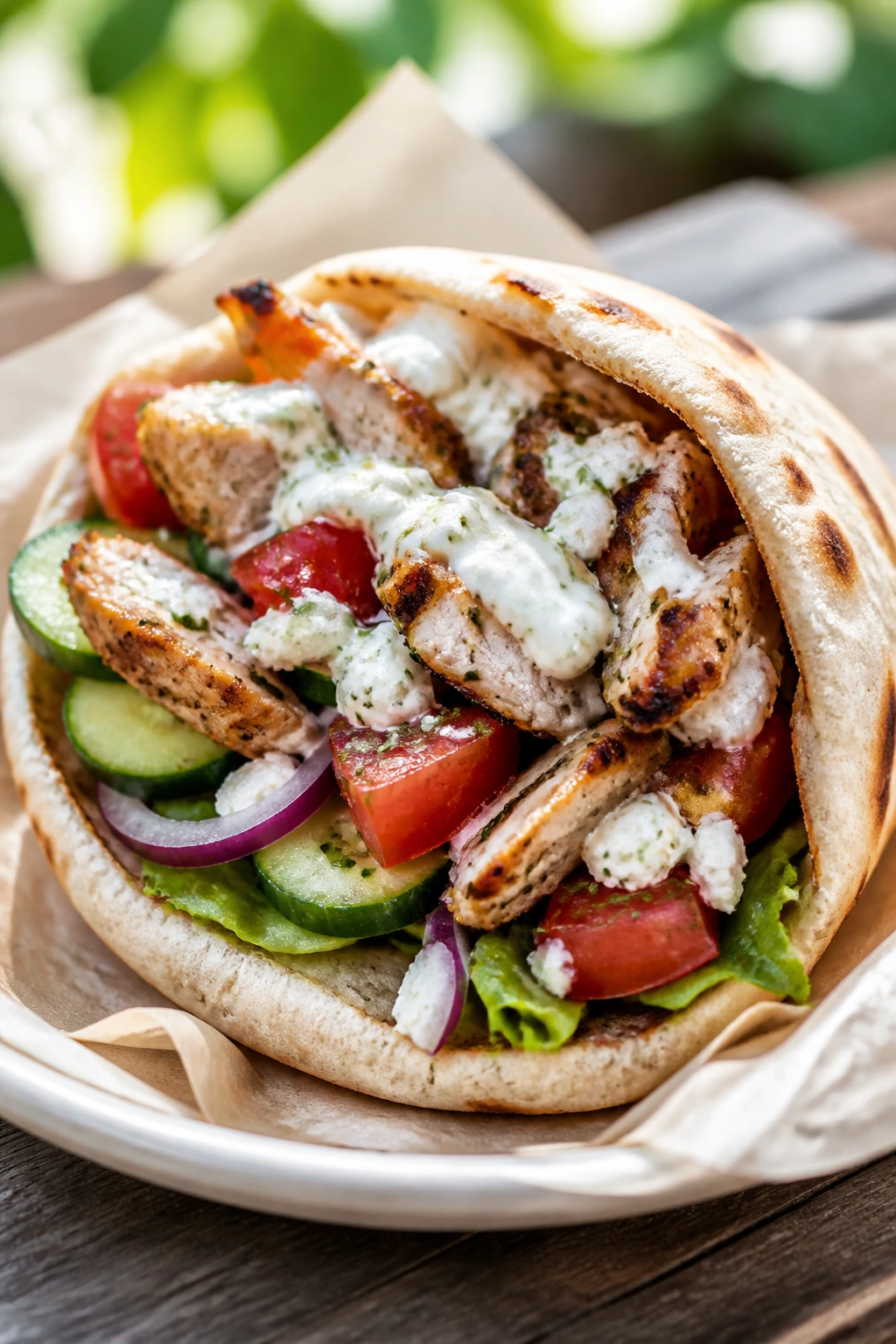 Close-up of Greek chicken pita sandwich with tzatziki on a rustic outdoor table
