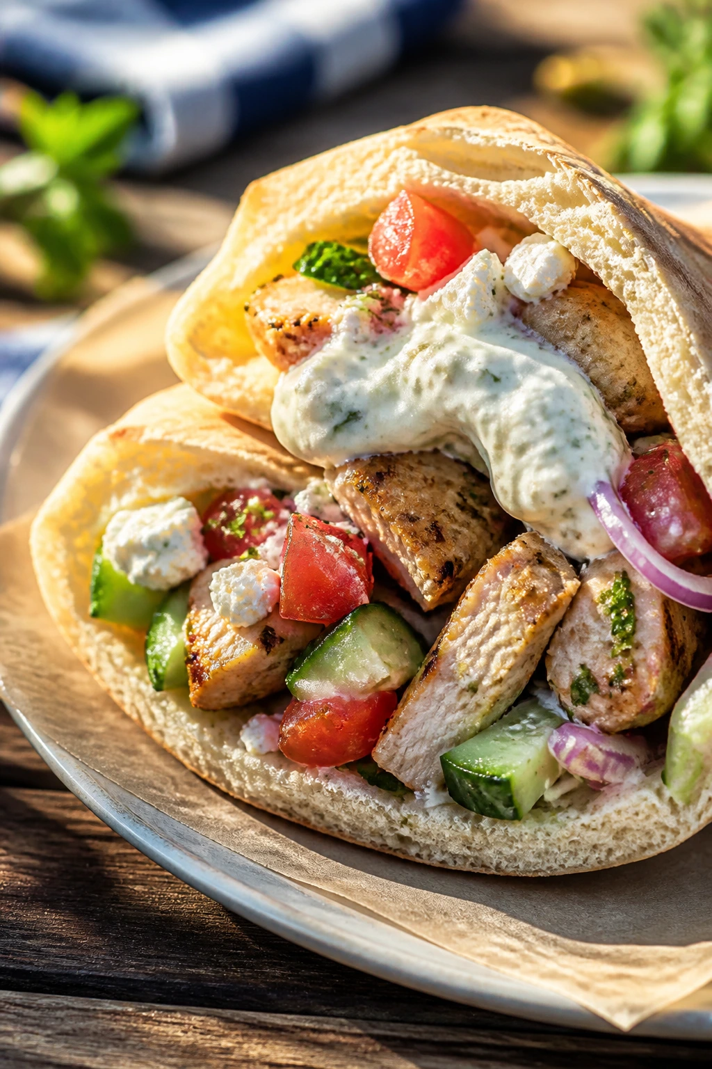 Halved Greek chicken pita with tzatziki and fillings on a picnic table.