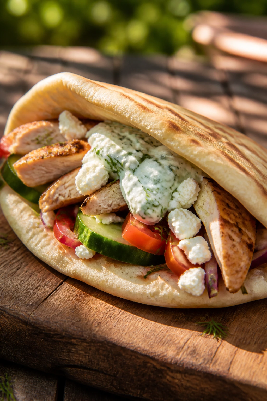 Close-up of Greek chicken pita with tzatziki, cucumber, tomato, and feta