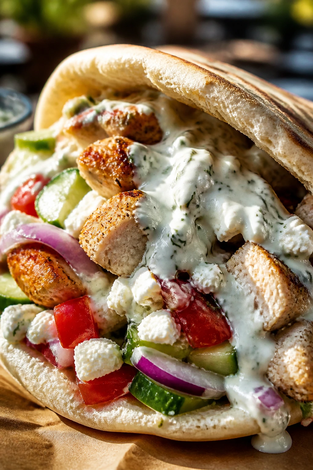 Close-up of Greek chicken pita with tzatziki filling outdoors