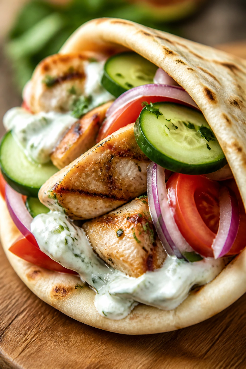 Close-up of Greek chicken pita with tzatziki and crisp vegetables inside